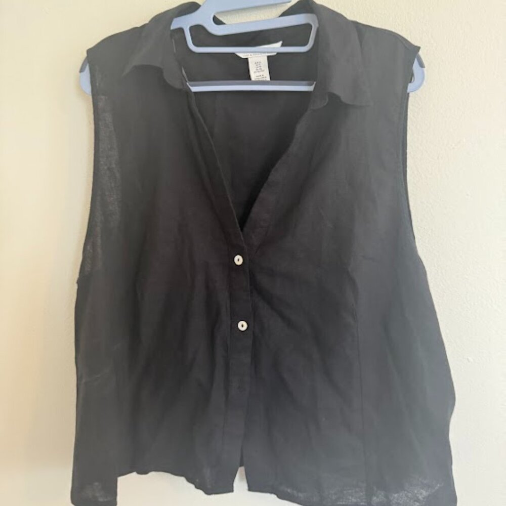 H&M Sleeveless Linen Button-Up Top in Black XL
